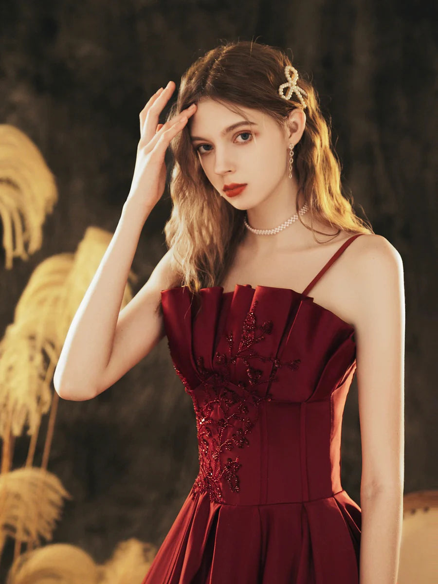 Beautiful Burgundy Satin Beaded Pleated A-Line Long Prom Dress Party Dress
