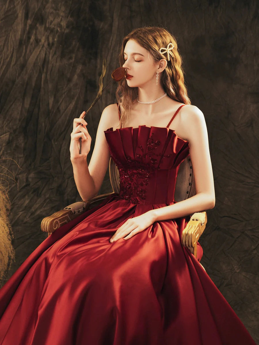 Beautiful Burgundy Satin Beaded Pleated A-Line Long Prom Dress Party Dress