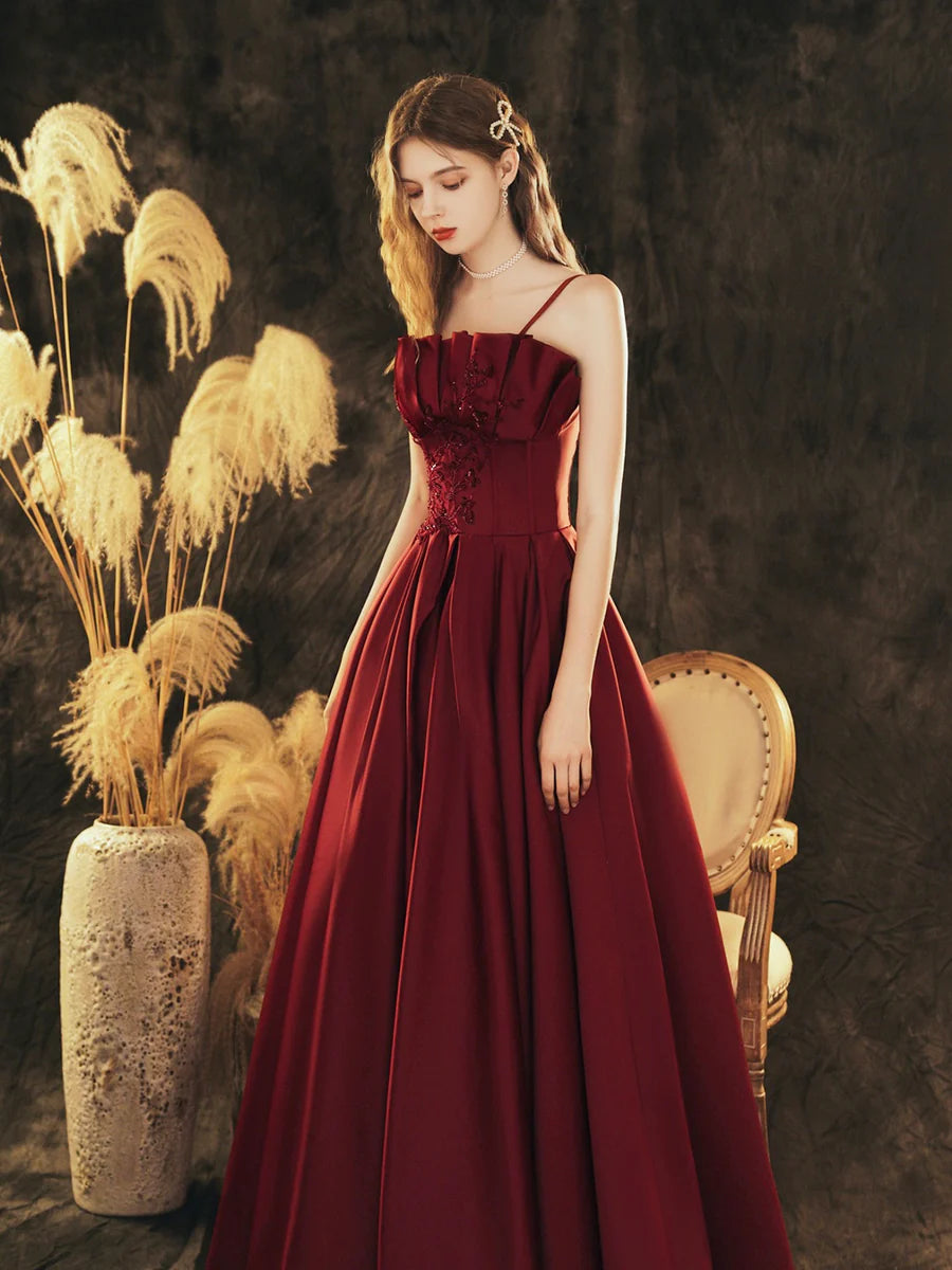 Beautiful Burgundy Satin Beaded Pleated A-Line Long Prom Dress Party Dress