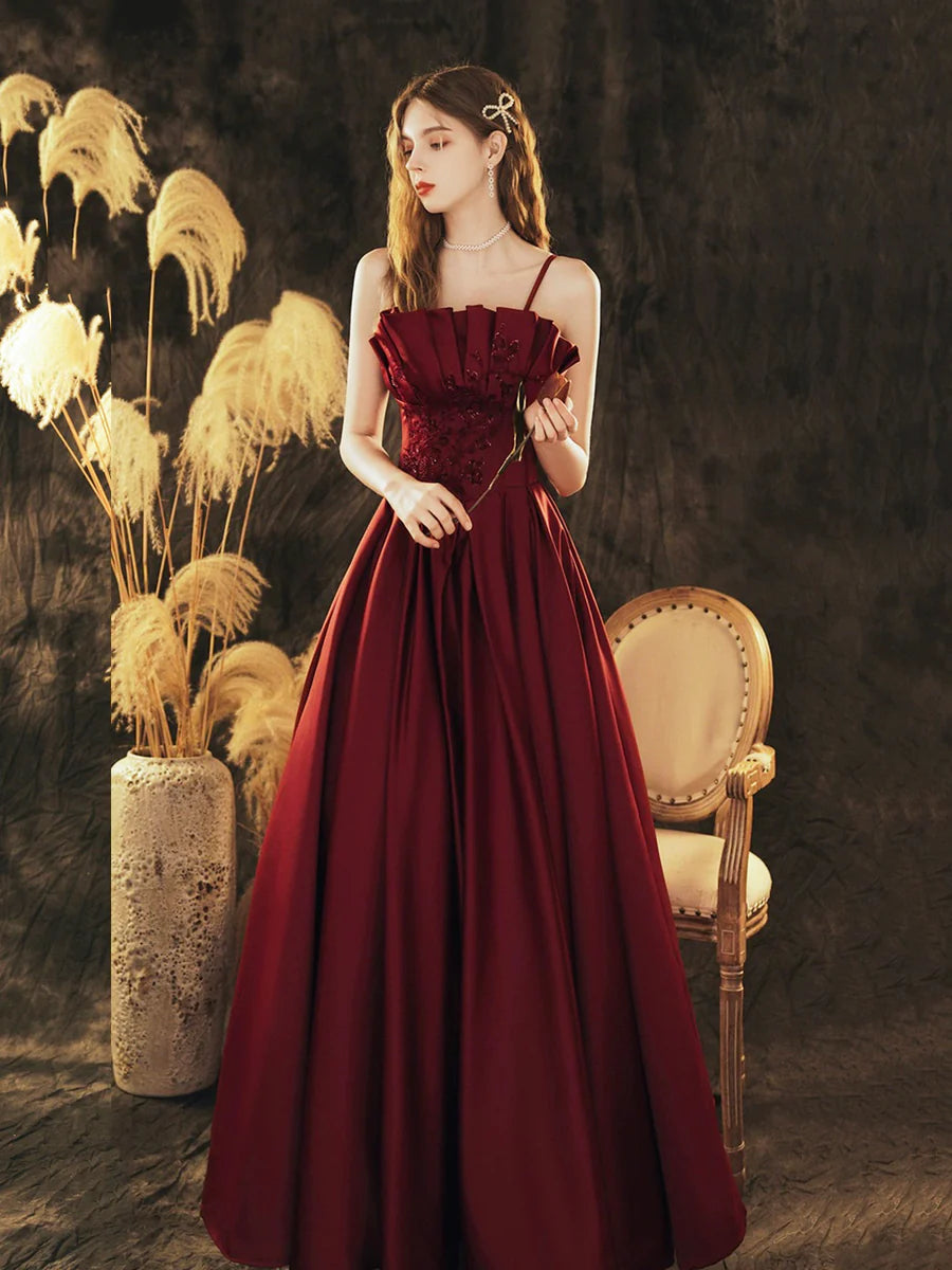 Beautiful Burgundy Satin Beaded Pleated A-Line Long Prom Dress Party Dress