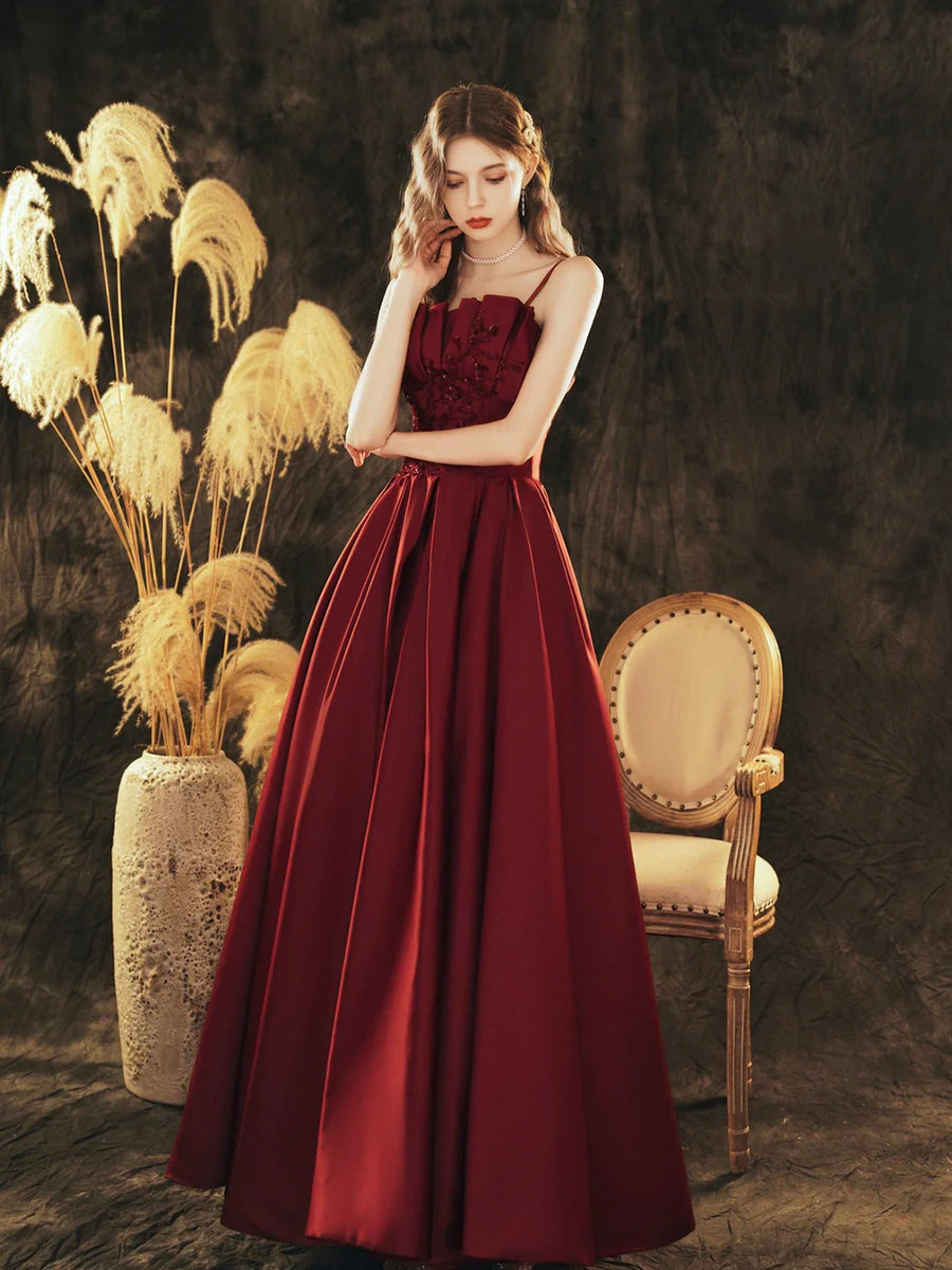 Beautiful Burgundy Satin Beaded Pleated A-Line Long Prom Dress Party Dress