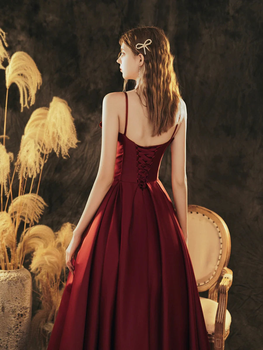 Beautiful Burgundy Satin Beaded Pleated A-Line Long Prom Dress Party Dress