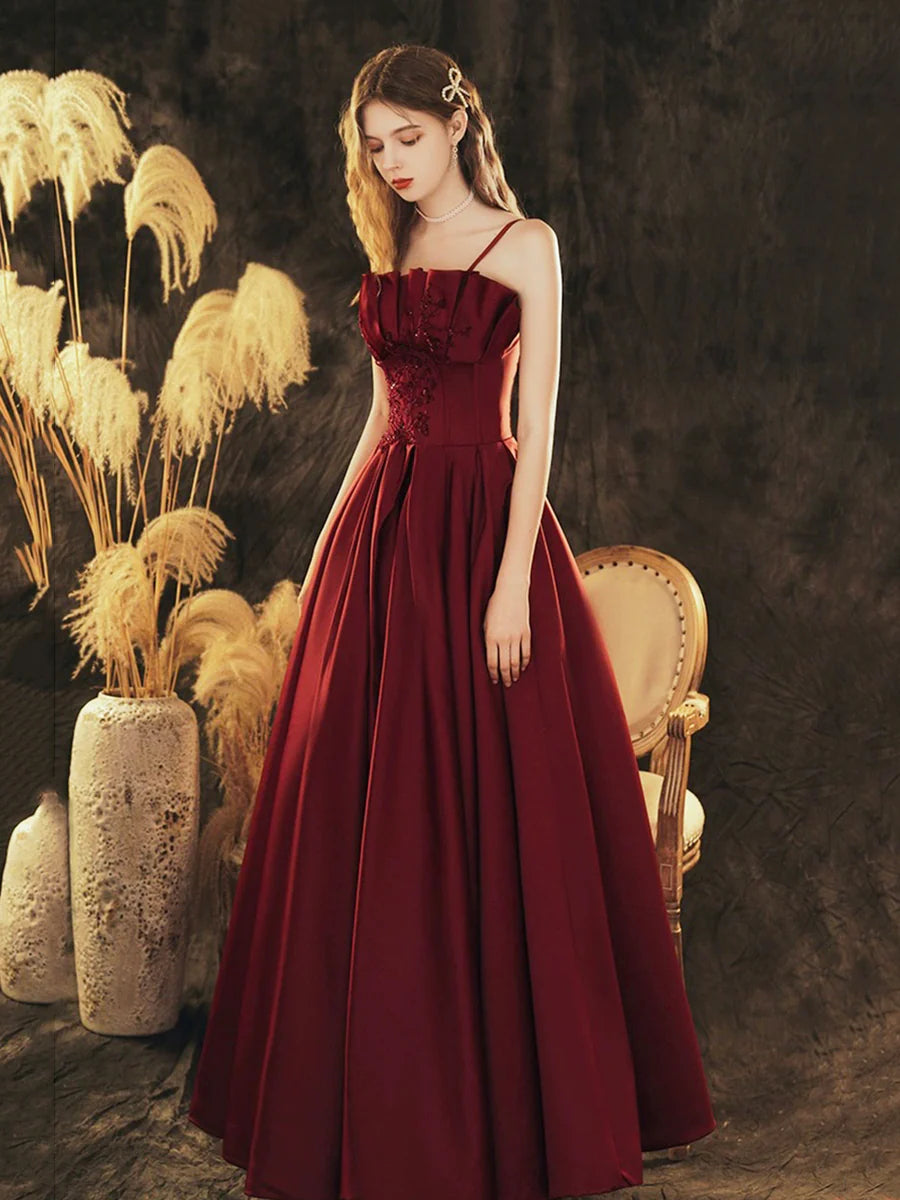 Beautiful Burgundy Satin Beaded Pleated A-Line Long Prom Dress Party Dress