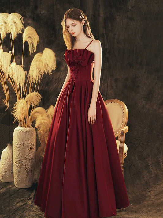 Beautiful Burgundy Satin Beaded Pleated A-Line Long Prom Dress Party Dress