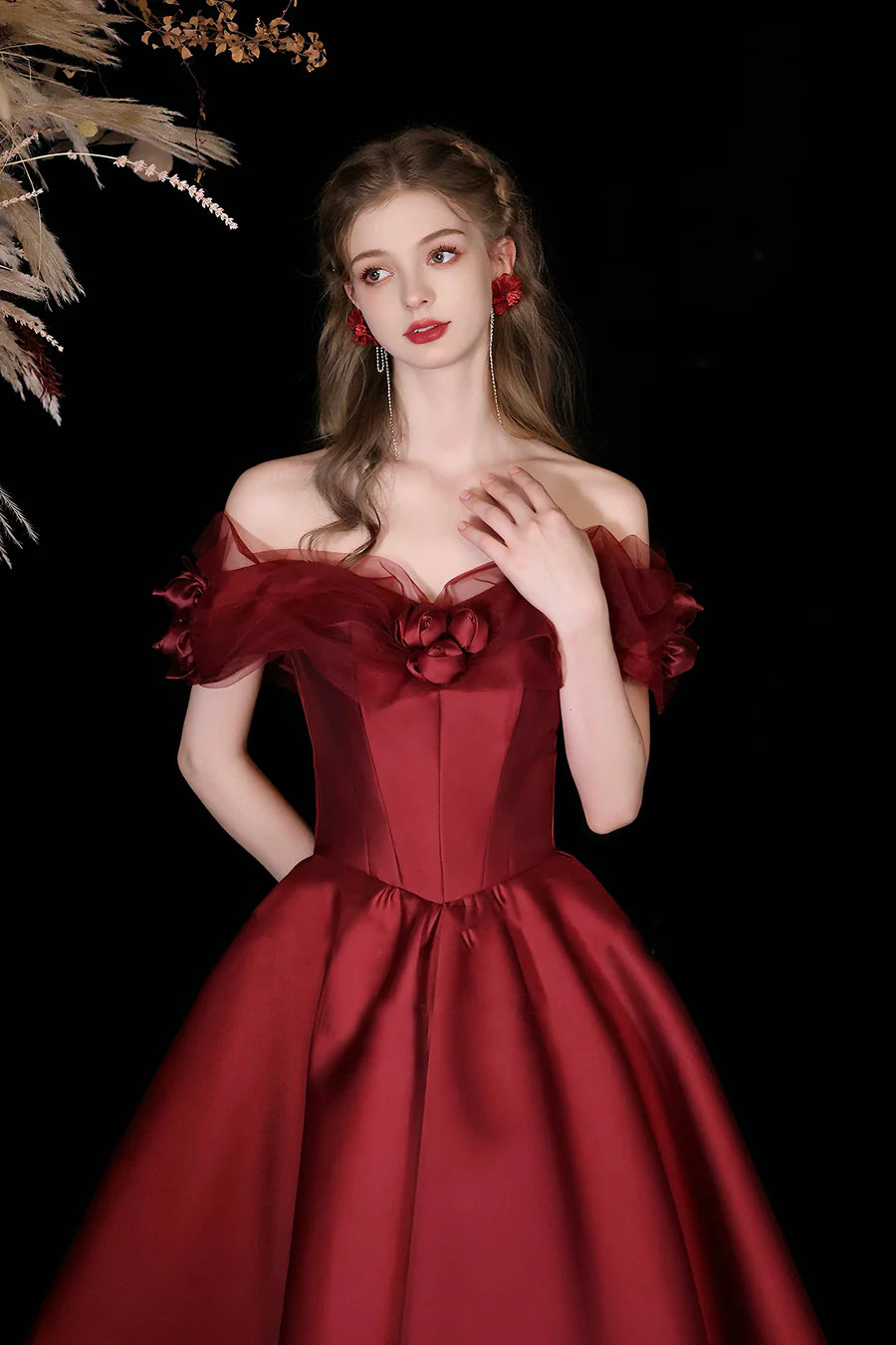 Beautiful Burgundy Satin Off Shoulder A-Line Tea Length Prom Dress Evening Party Dress