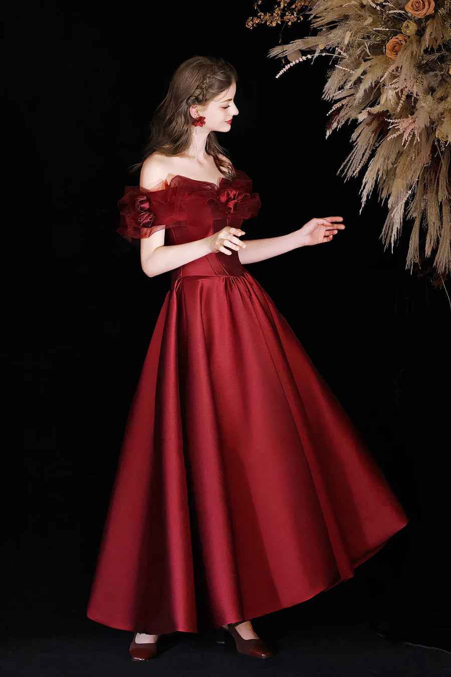 Beautiful Burgundy Satin Off Shoulder A-Line Tea Length Prom Dress Evening Party Dress