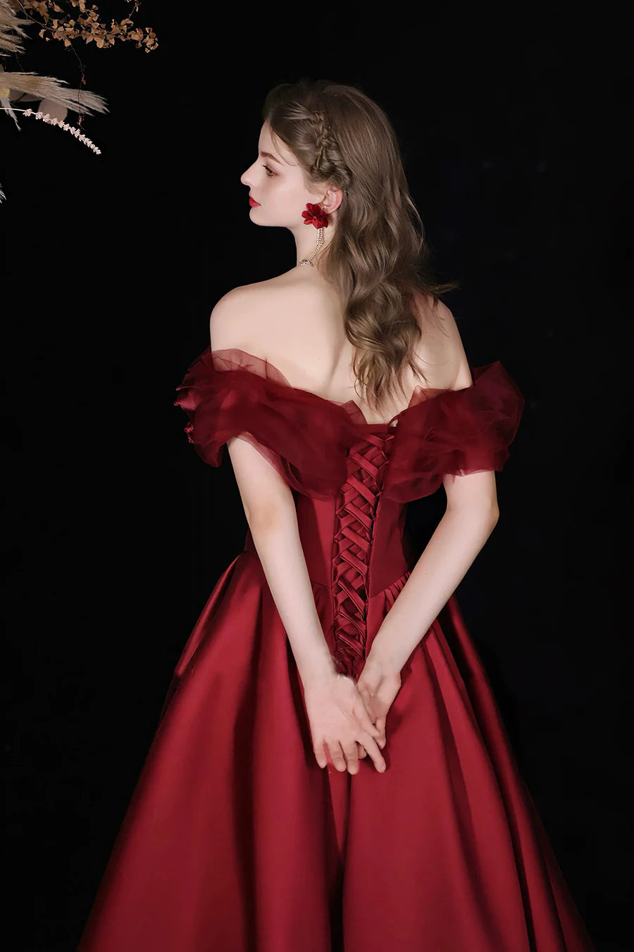 Beautiful Burgundy Satin Off Shoulder A-Line Tea Length Prom Dress Evening Party Dress
