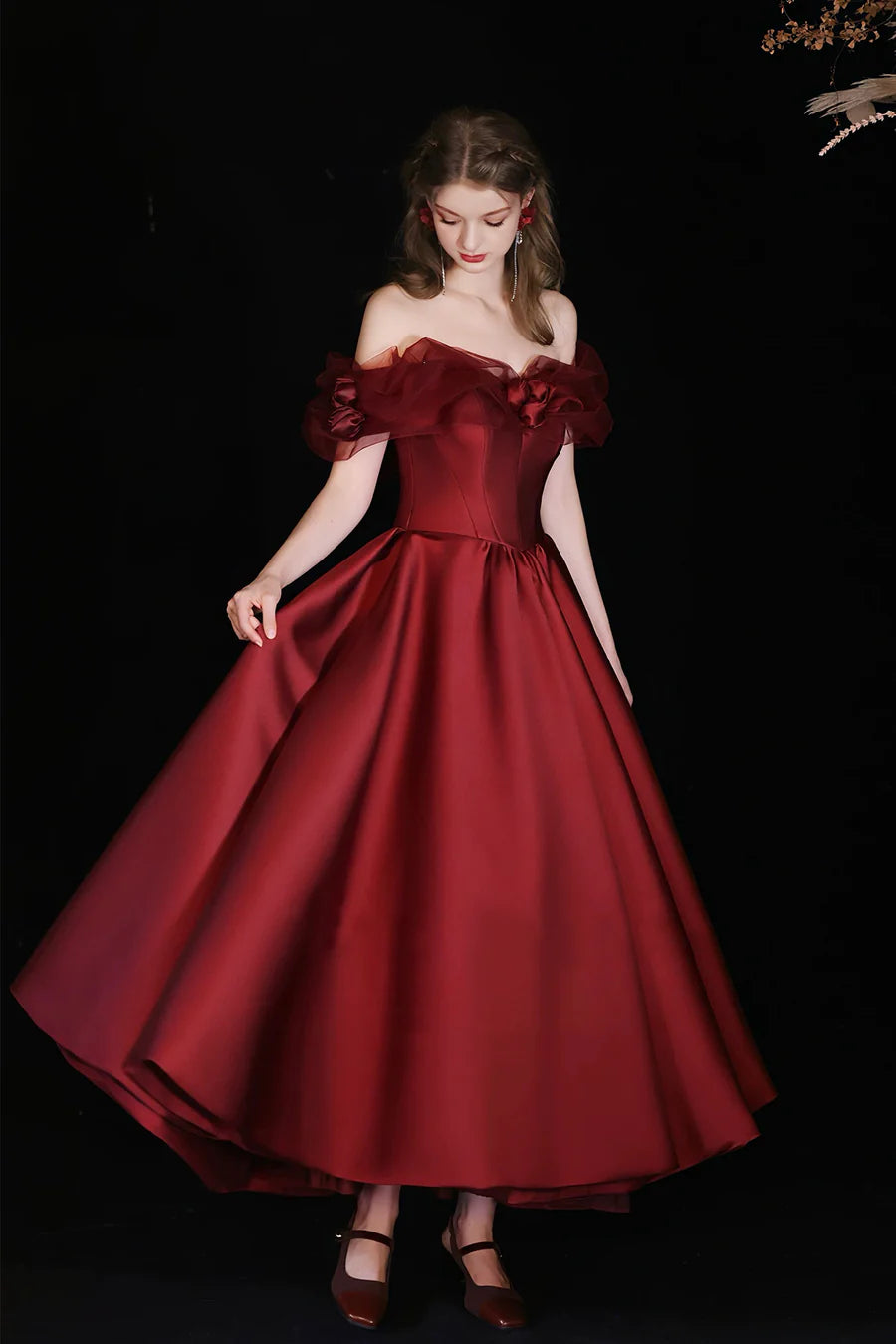 Beautiful Burgundy Satin Off Shoulder A-Line Tea Length Prom Dress Evening Party Dress