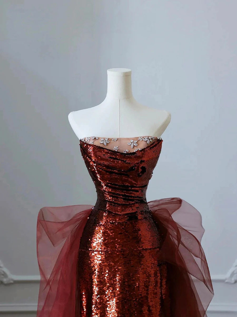 Beautiful Burgundy Sequins Tulle Strapless Mermaid Long Prom Dress Evening Party Dress