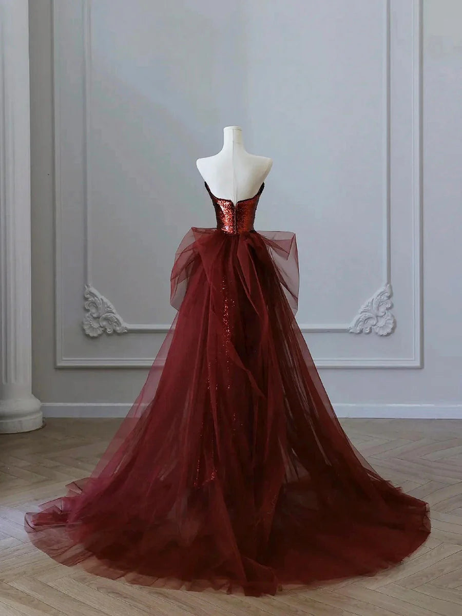 Beautiful Burgundy Sequins Tulle Strapless Mermaid Long Prom Dress Evening Party Dress