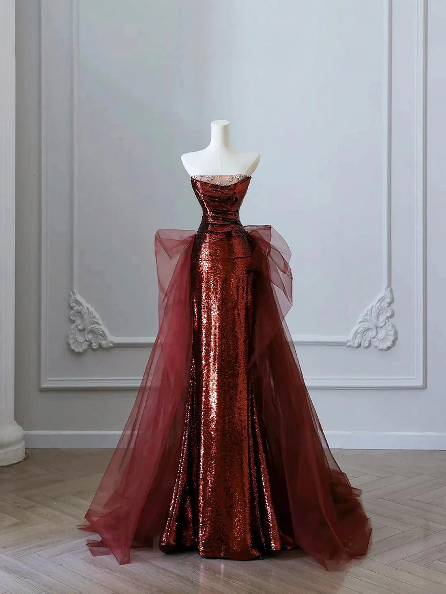Beautiful Burgundy Sequins Tulle Strapless Mermaid Long Prom Dress Evening Party Dress