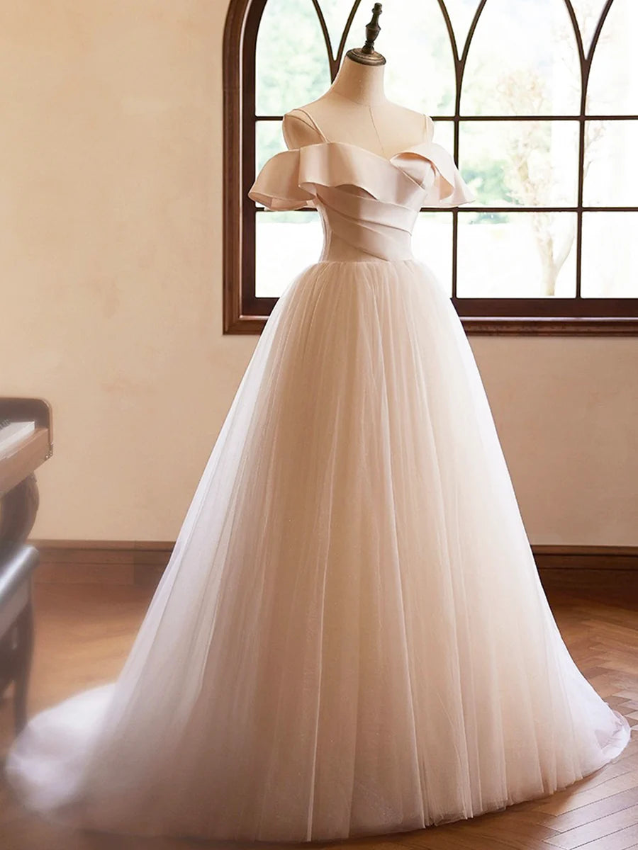 Beautiful Champagne Spaghetti Straps Pleated Floor Length Prom Dress Sleeveless Backless Evening Party Dress