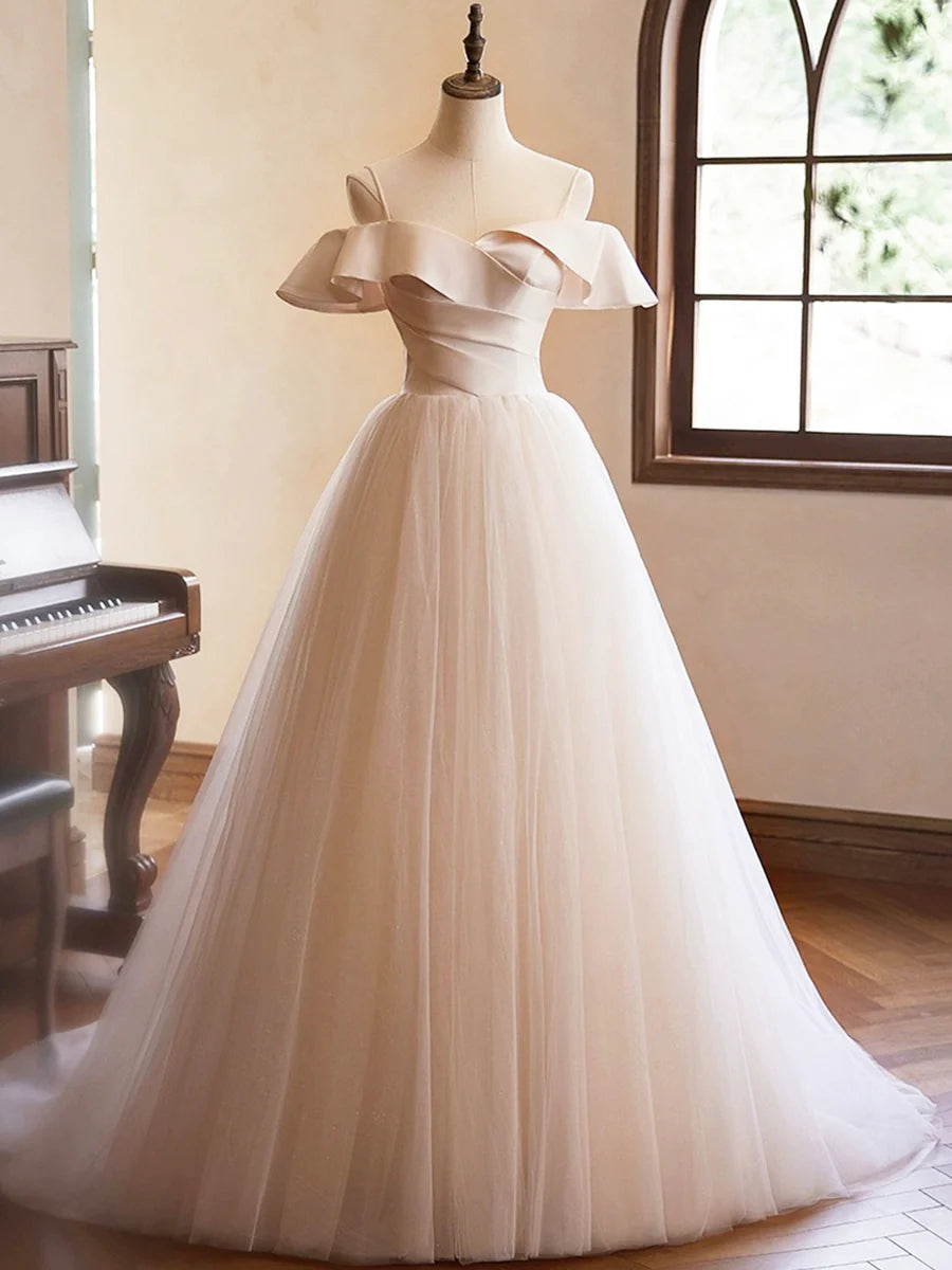 Beautiful Champagne Spaghetti Straps Pleated Floor Length Prom Dress Sleeveless Backless Evening Party Dress