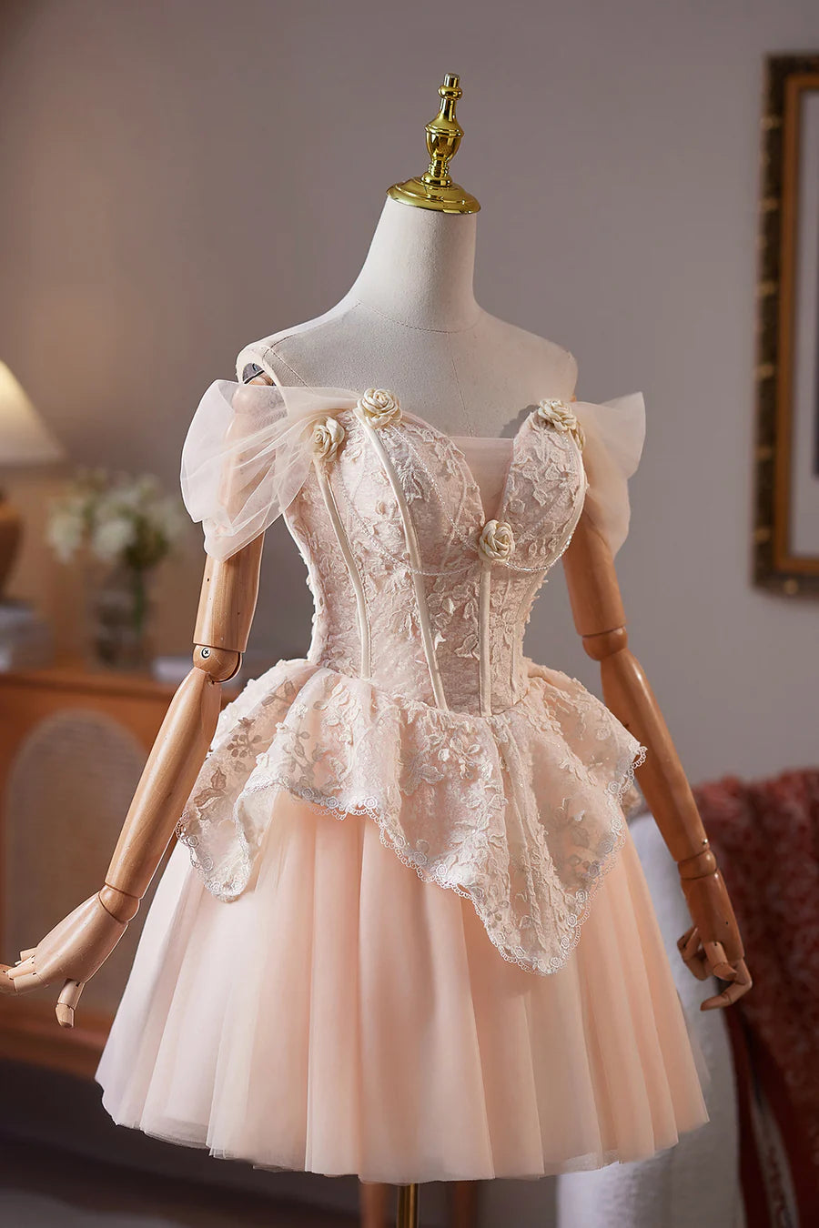 Beautiful Champagne Tulle Lace Off the Shoulder A-Line Short Prom Dress Party Dress