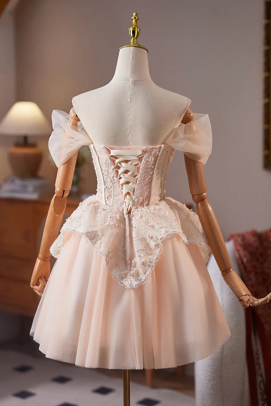 Beautiful Champagne Tulle Lace Off the Shoulder A-Line Short Prom Dress Party Dress