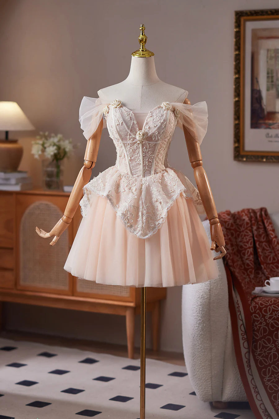 Beautiful Champagne Tulle Lace Off the Shoulder A-Line Short Prom Dress Party Dress