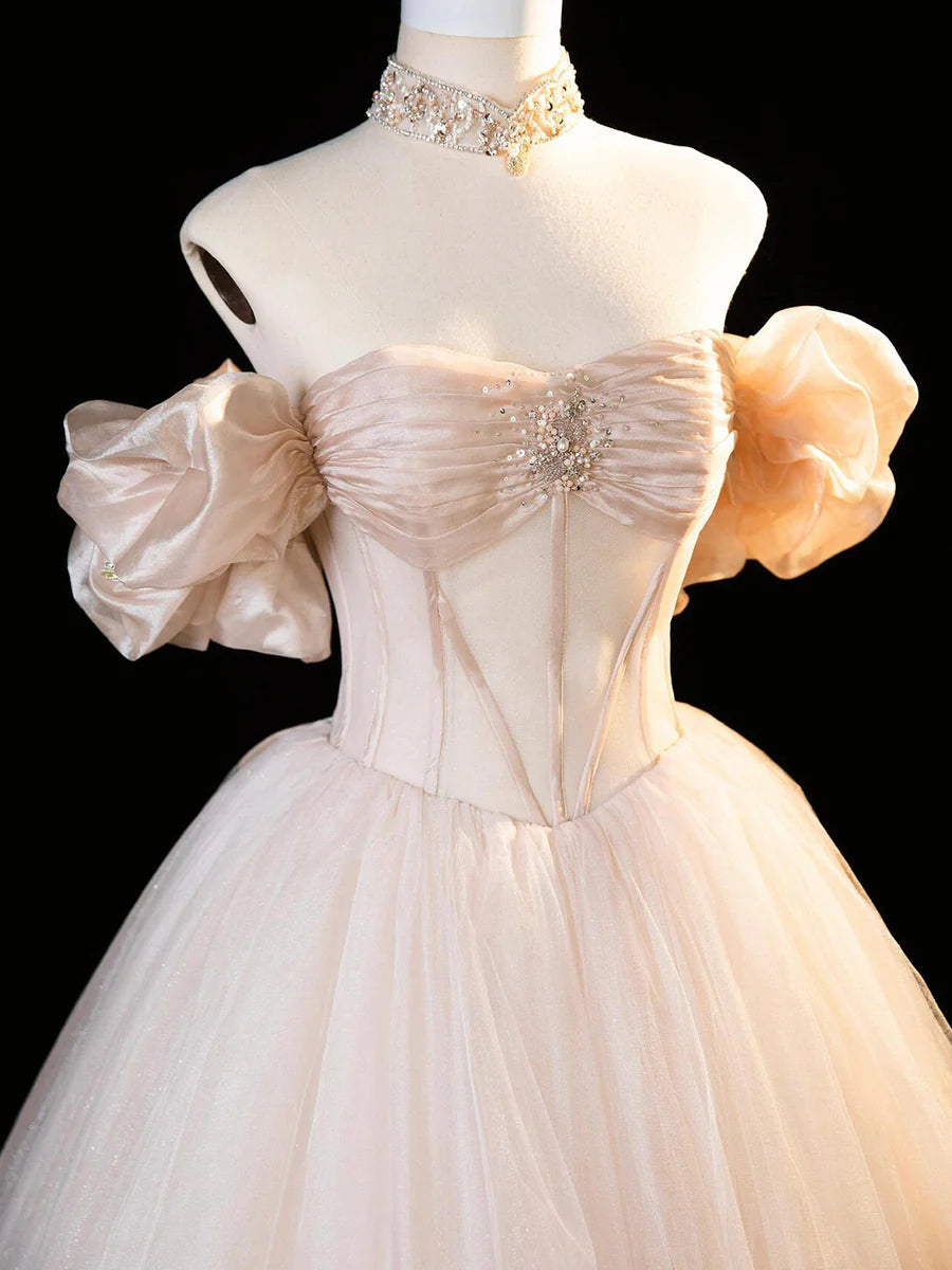 Beautiful Champagne Tulle Off the Shoulder Floor length Long Prom Dress Corset Party Dress
