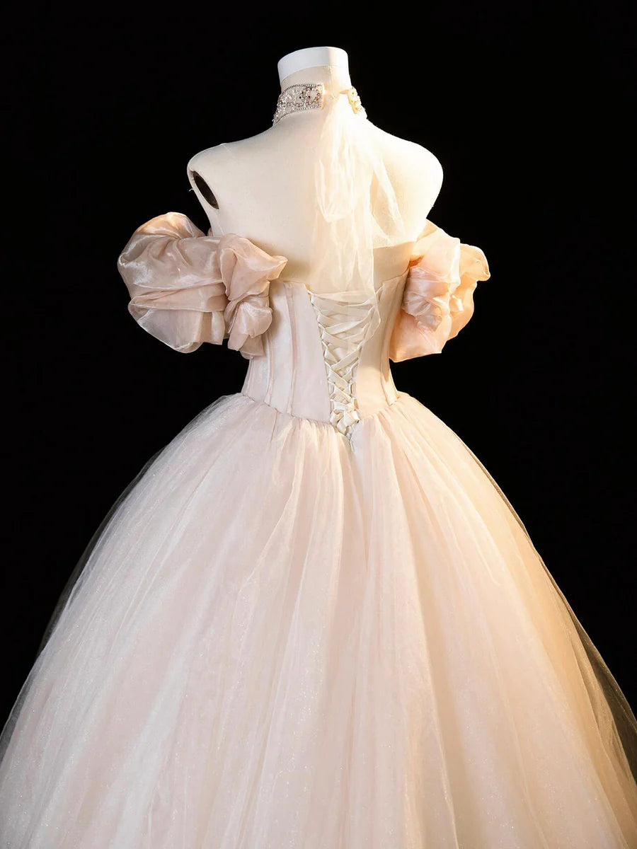 Beautiful Champagne Tulle Off the Shoulder Floor length Long Prom Dress Corset Party Dress