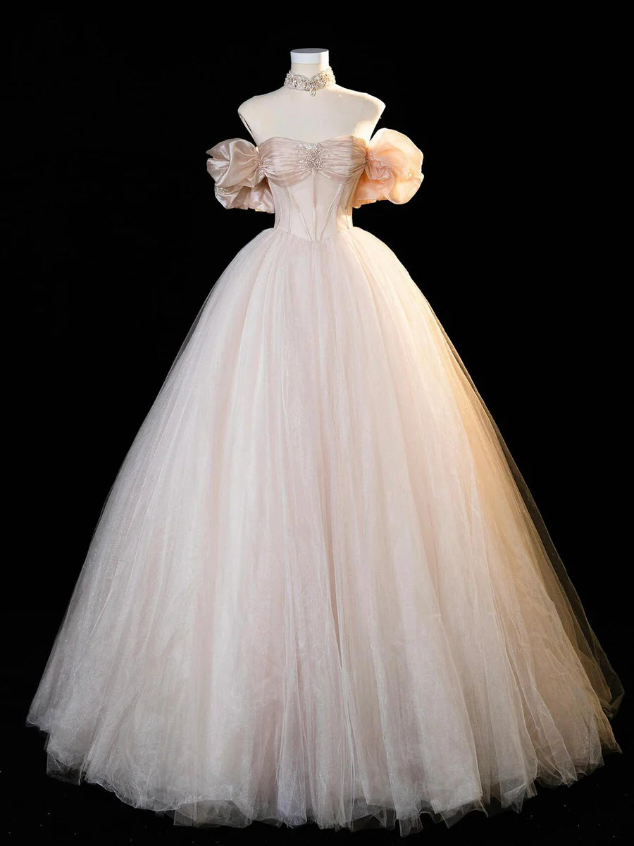 Beautiful Champagne Tulle Off the Shoulder Floor length Long Prom Dress Corset Party Dress