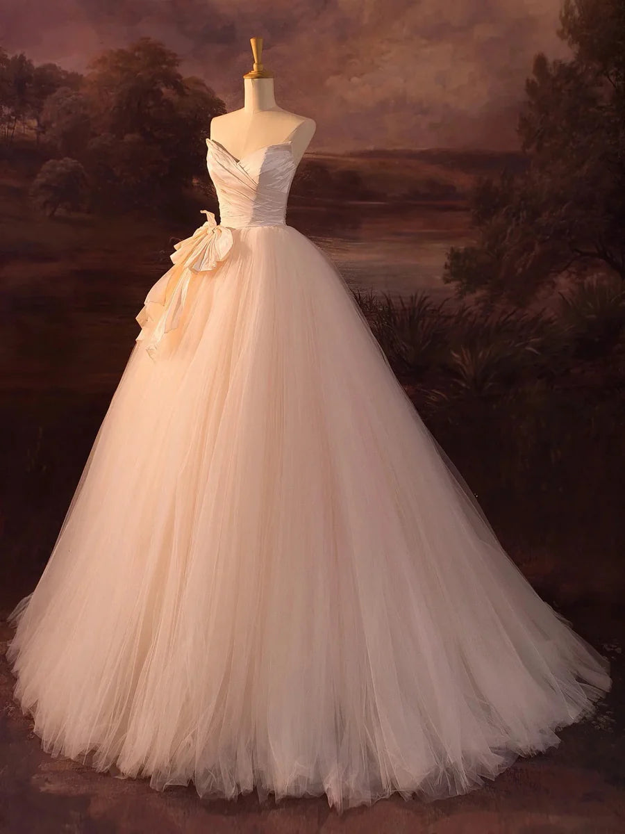 Beautiful Champagne Tulle Strapless A-Line Long Formal Evening Dress Wedding Dress