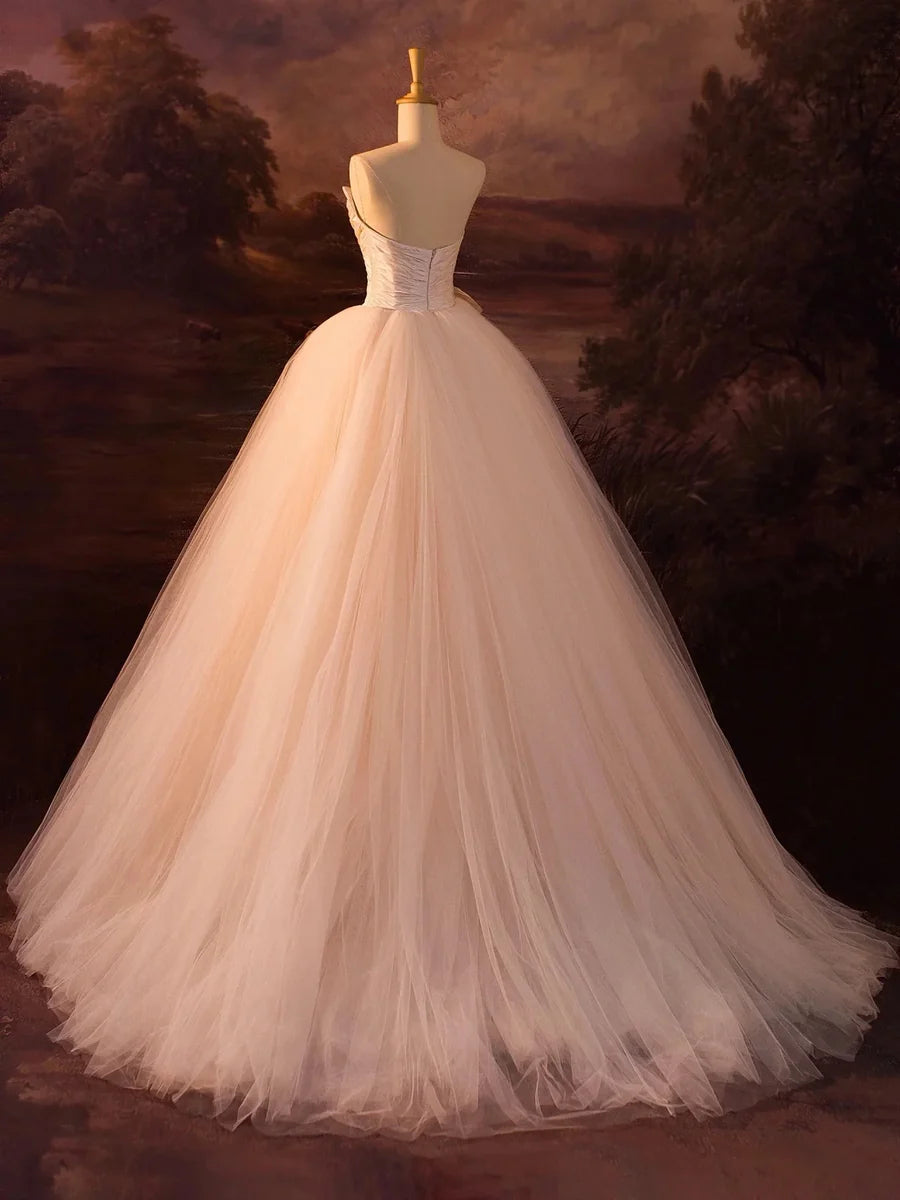 Beautiful Champagne Tulle Strapless A-Line Long Formal Evening Dress Wedding Dress