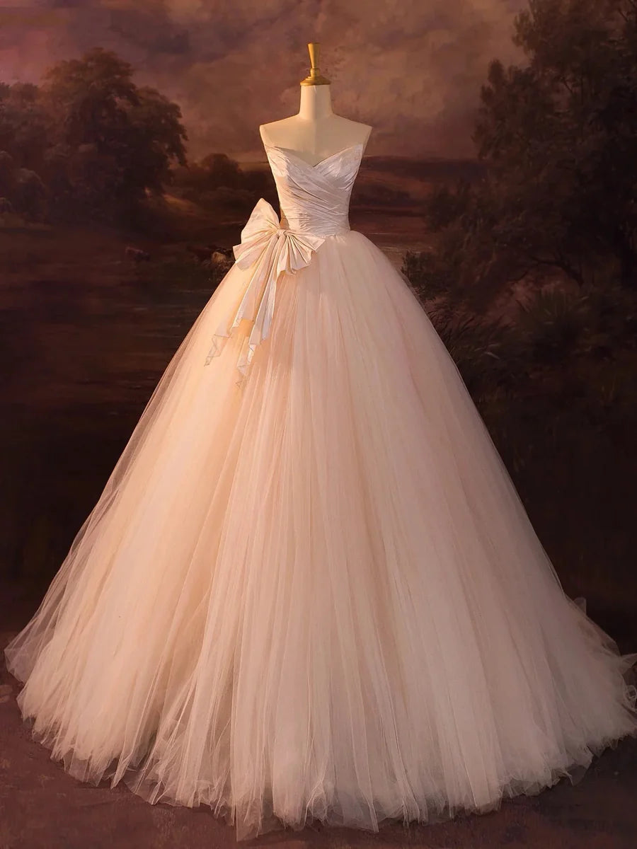 Beautiful Champagne Tulle Strapless A-Line Long Formal Evening Dress Wedding Dress