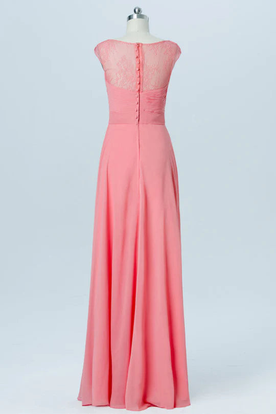 Beautiful Coral Pink Chiffon V Neck Cap sleeves Lace Back Wrap Full Length Bridesmaid Dress
