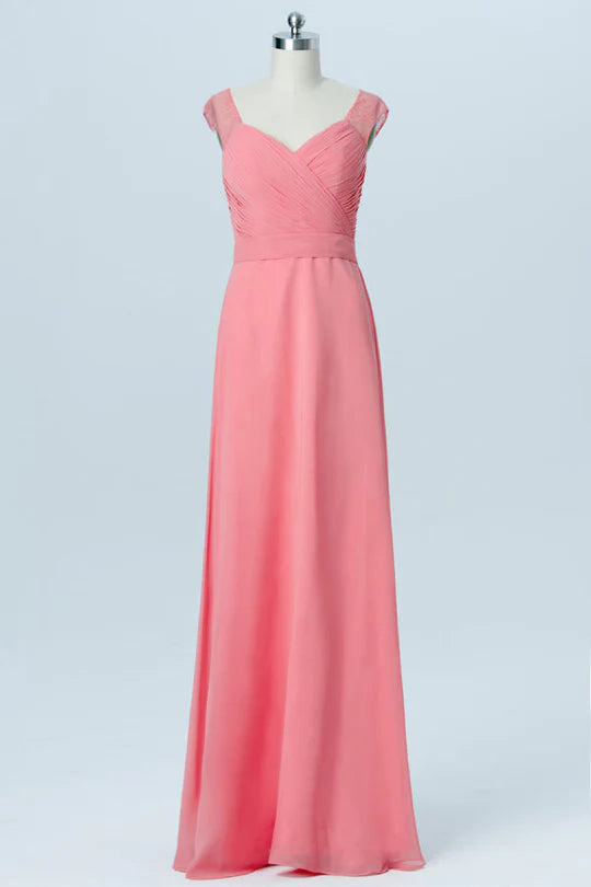 Beautiful Coral Pink Chiffon V Neck Cap sleeves Lace Back Wrap Full Length Bridesmaid Dress