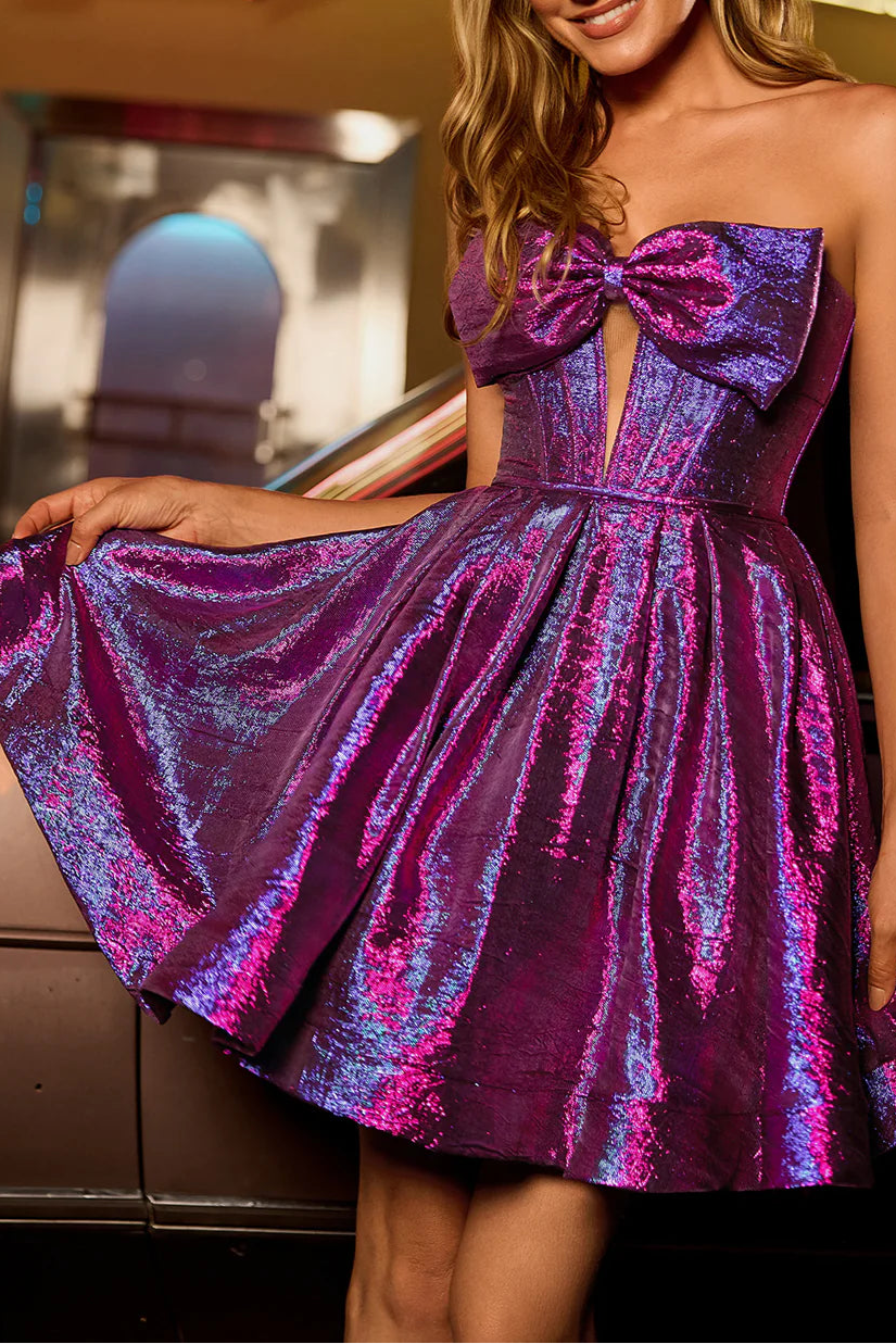 Beautiful Dark Purple Metallic Strapless A-Line Cut Out Corset Short Homecoming Dress With Bow