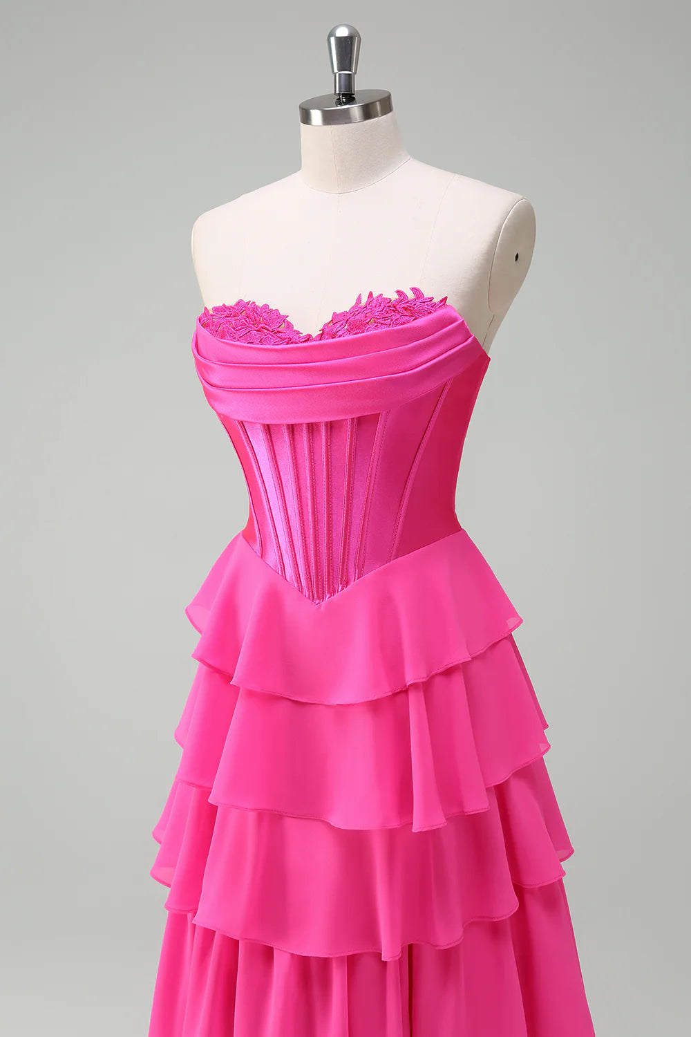 Beautiful Fuchsia Sweetheart Collar Strapless A Line Corset Tiered  Ruffles Prom Dress With Slit