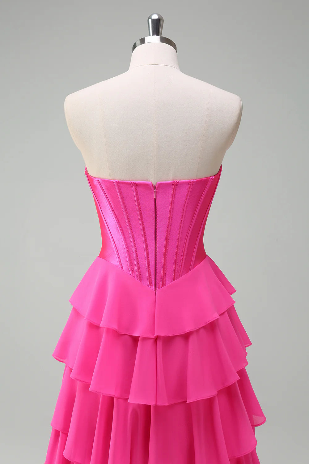 Beautiful Fuchsia Sweetheart Collar Strapless A Line Corset Tiered  Ruffles Prom Dress With Slit