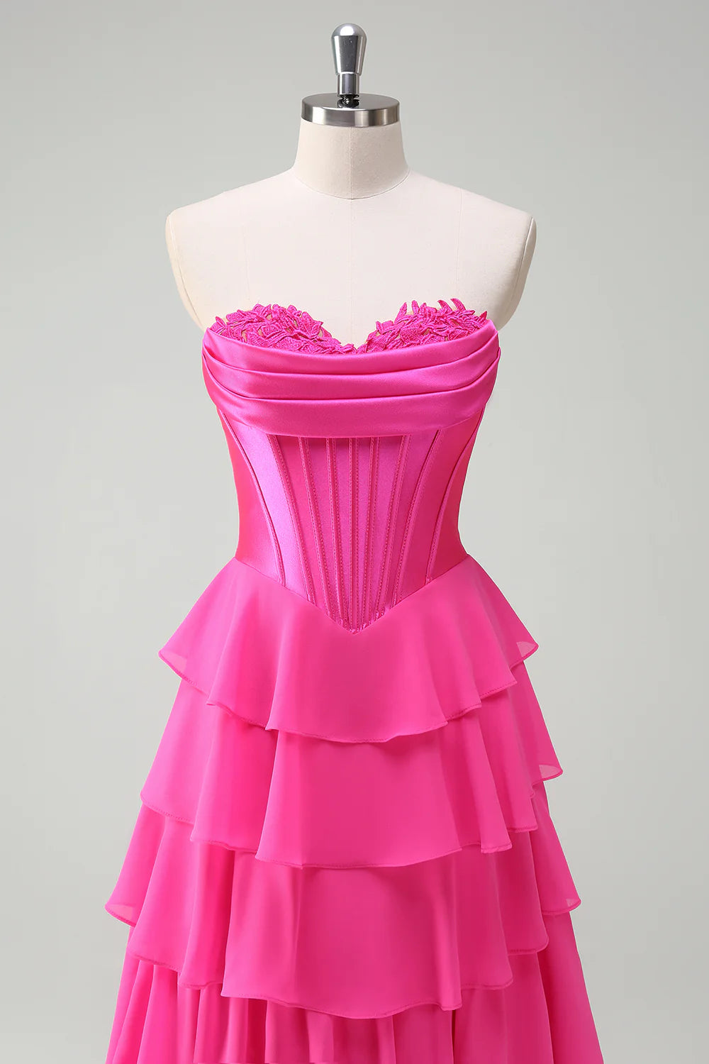 Beautiful Fuchsia Sweetheart Collar Strapless A Line Corset Tiered  Ruffles Prom Dress With Slit