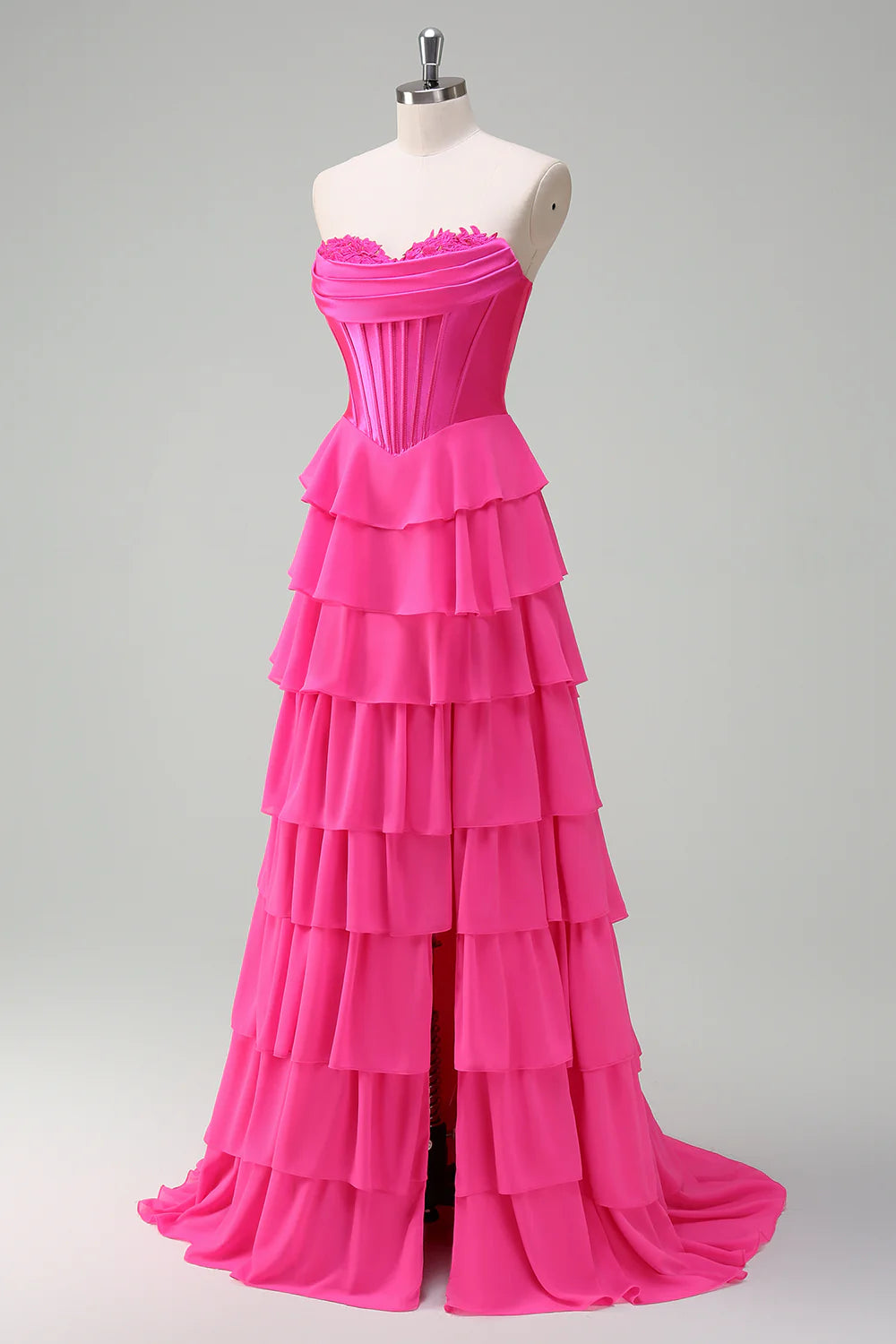 Beautiful Fuchsia Sweetheart Collar Strapless A Line Corset Tiered  Ruffles Prom Dress With Slit