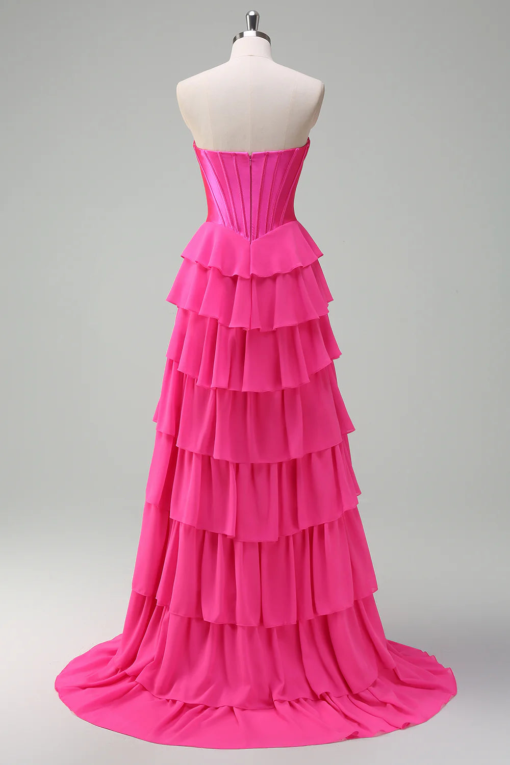 Beautiful Fuchsia Sweetheart Collar Strapless A Line Corset Tiered  Ruffles Prom Dress With Slit