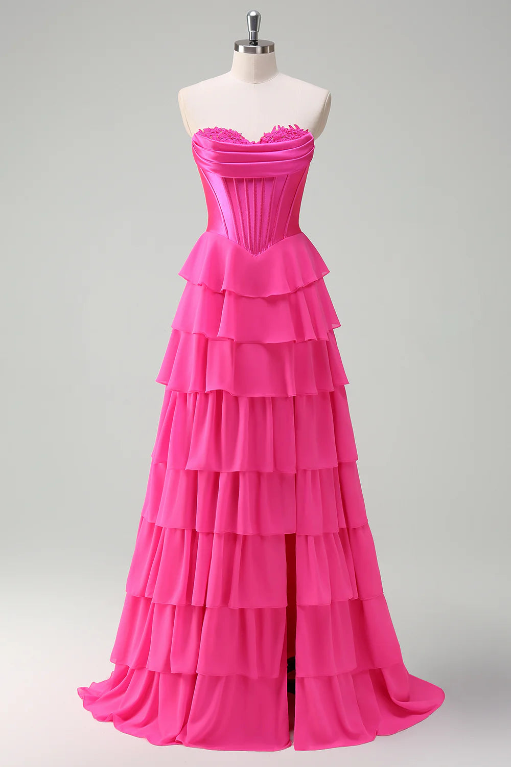 Beautiful Fuchsia Sweetheart Collar Strapless A Line Corset Tiered  Ruffles Prom Dress With Slit