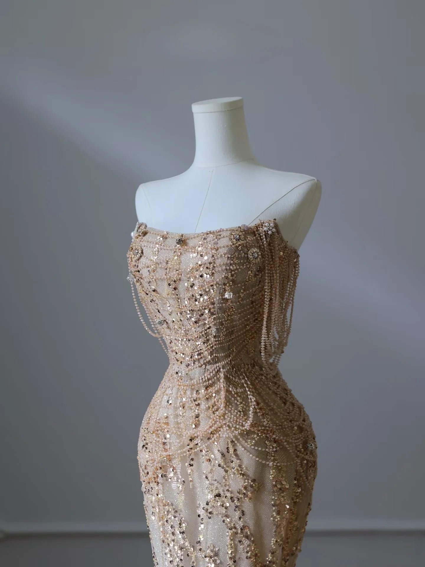 Beautiful Gold Sequin Beaded Mermaid Strapless Long Prom Dresses Formal Evening Dress