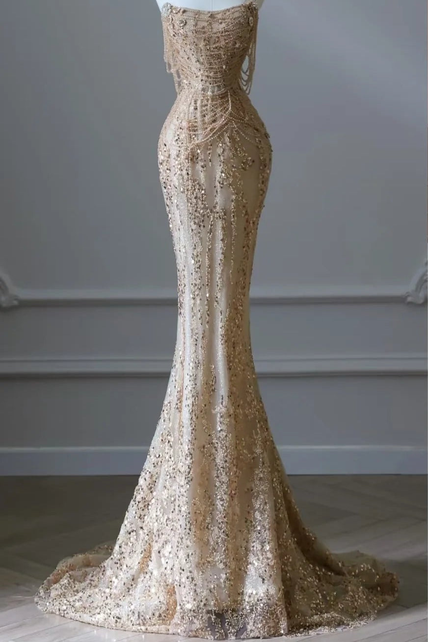 Beautiful Gold Sequin Beaded Mermaid Strapless Long Prom Dresses Formal Evening Dress