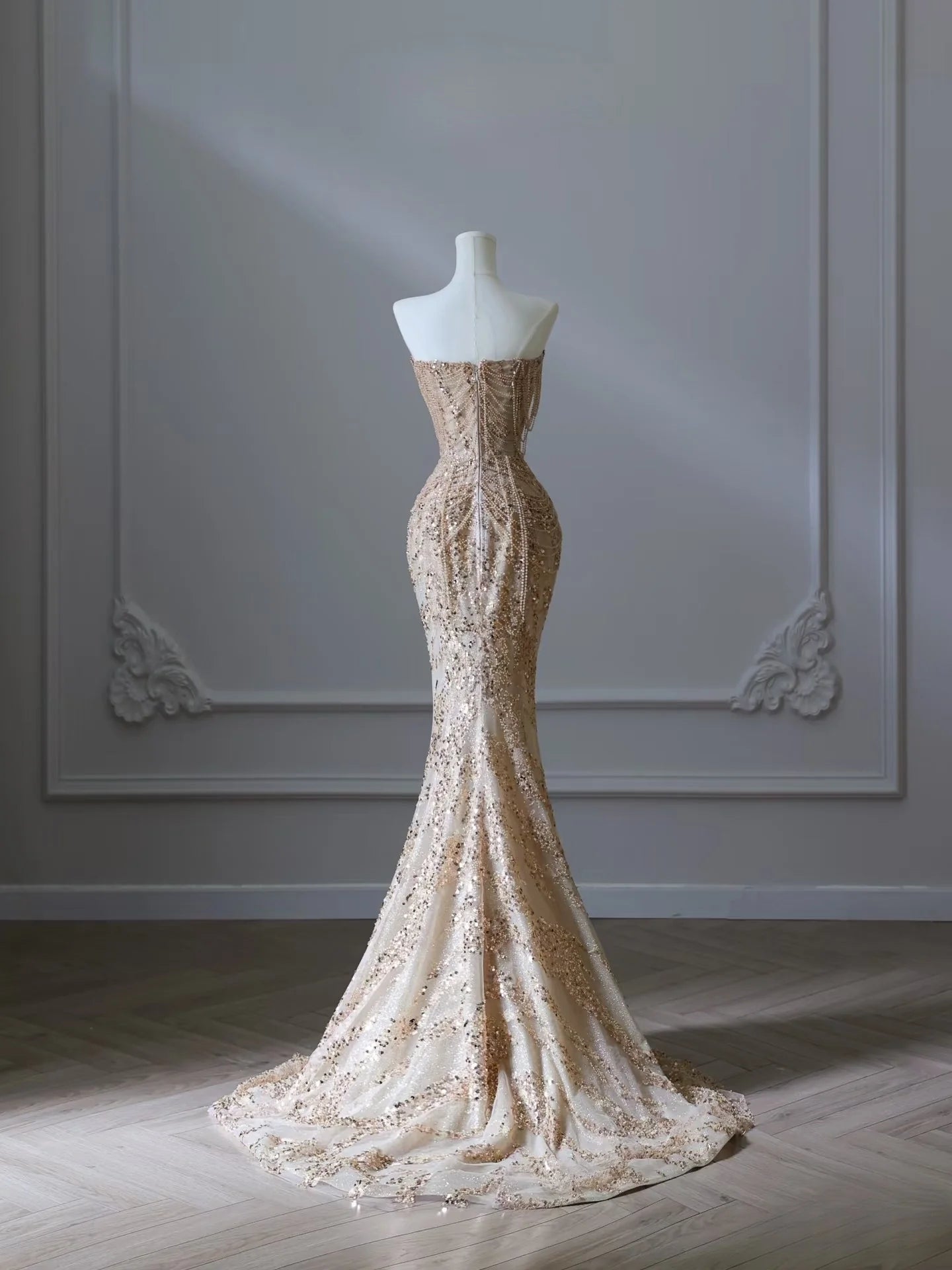 Beautiful Gold Sequin Beaded Mermaid Strapless Long Prom Dresses Formal Evening Dress