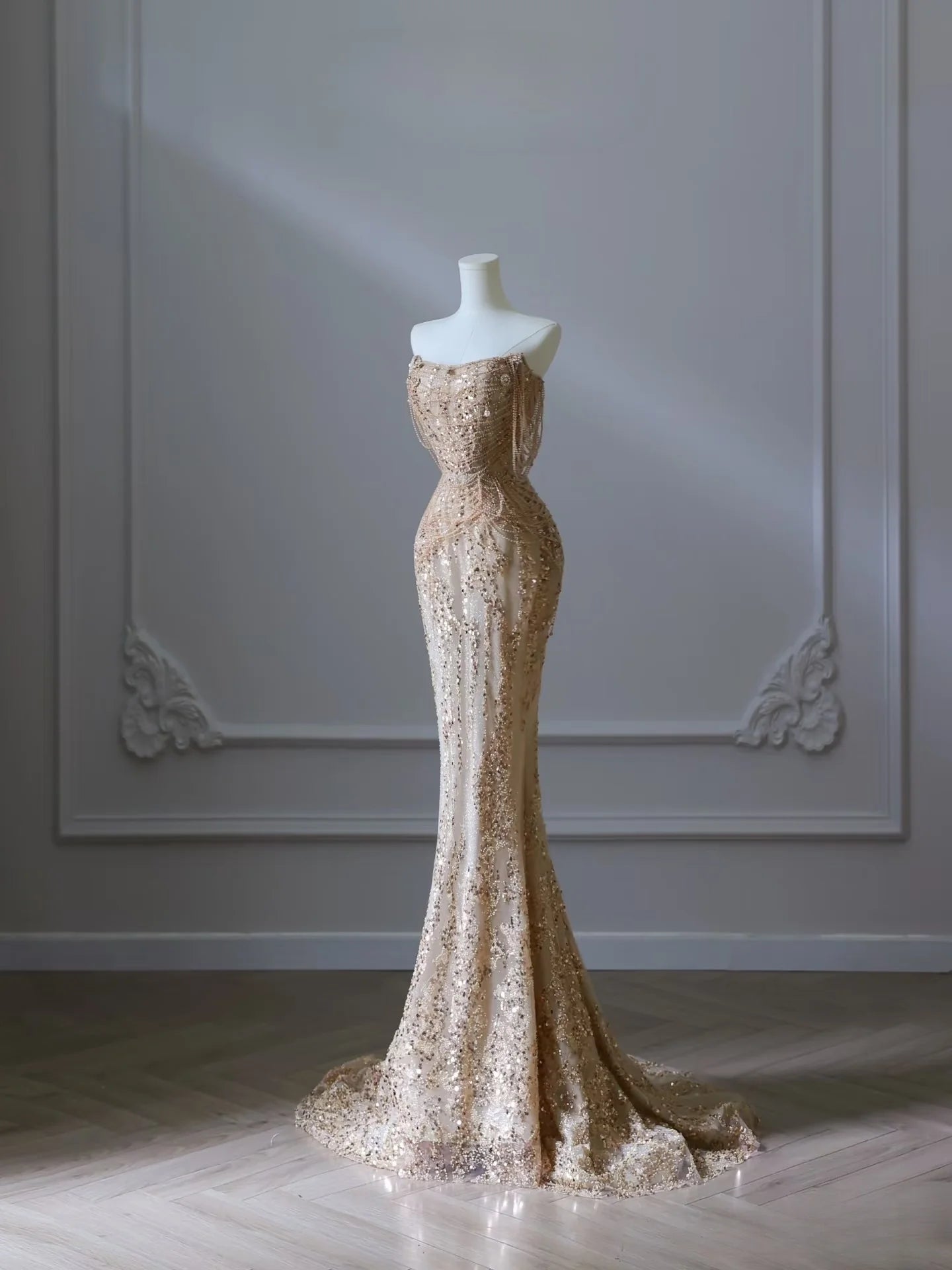 Beautiful Gold Sequin Beaded Mermaid Strapless Long Prom Dresses Formal Evening Dress