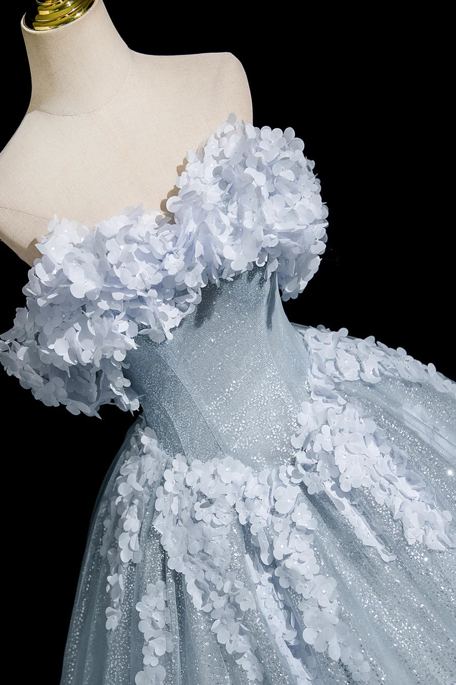 Beautiful Gray Blue Tulle Flowers Off the Shoulder A-Line Long Prom Dress Party Dress