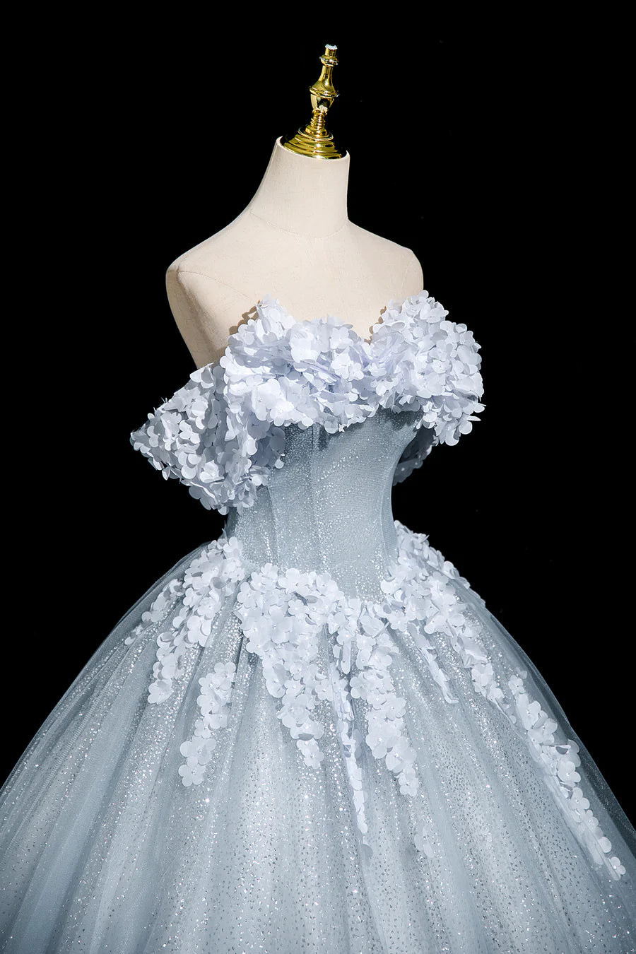 Beautiful Gray Blue Tulle Flowers Off the Shoulder A-Line Long Prom Dress Party Dress