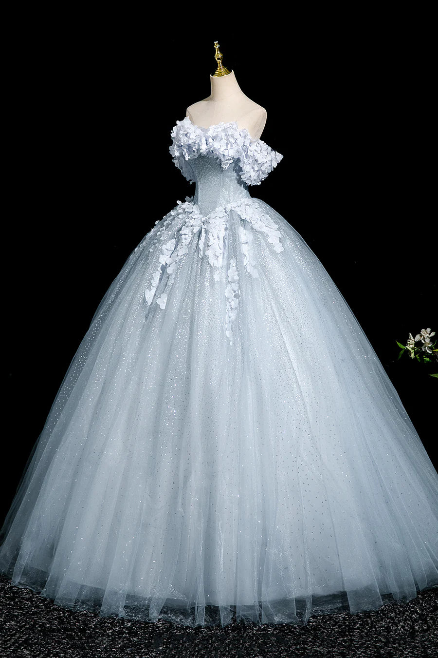 Beautiful Gray Blue Tulle Flowers Off the Shoulder A-Line Long Prom Dress Party Dress
