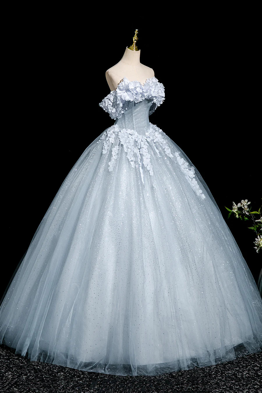 Beautiful Gray Blue Tulle Flowers Off the Shoulder A-Line Long Prom Dress Party Dress