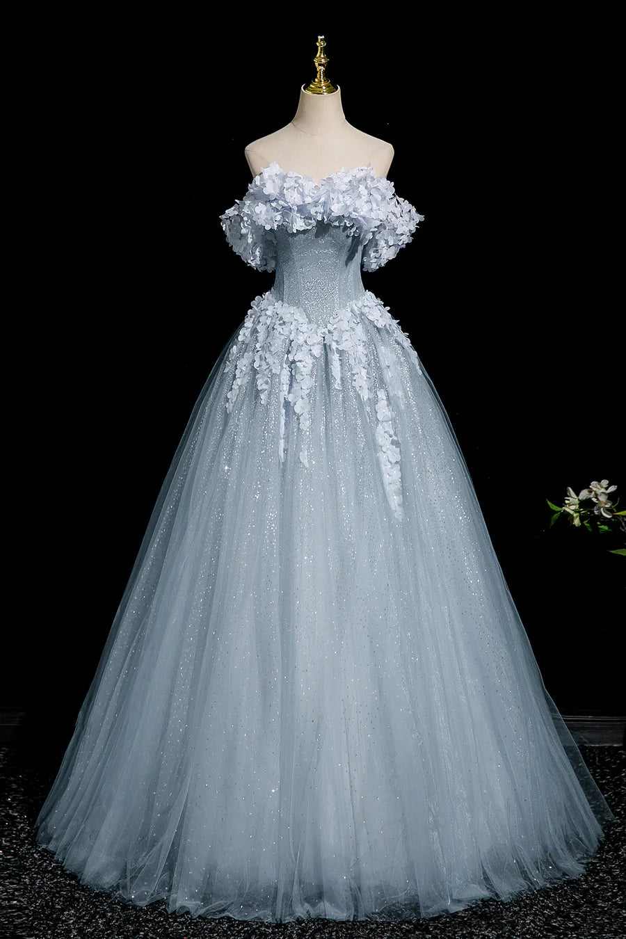 Beautiful Gray Blue Tulle Flowers Off the Shoulder A-Line Long Prom Dress Party Dress