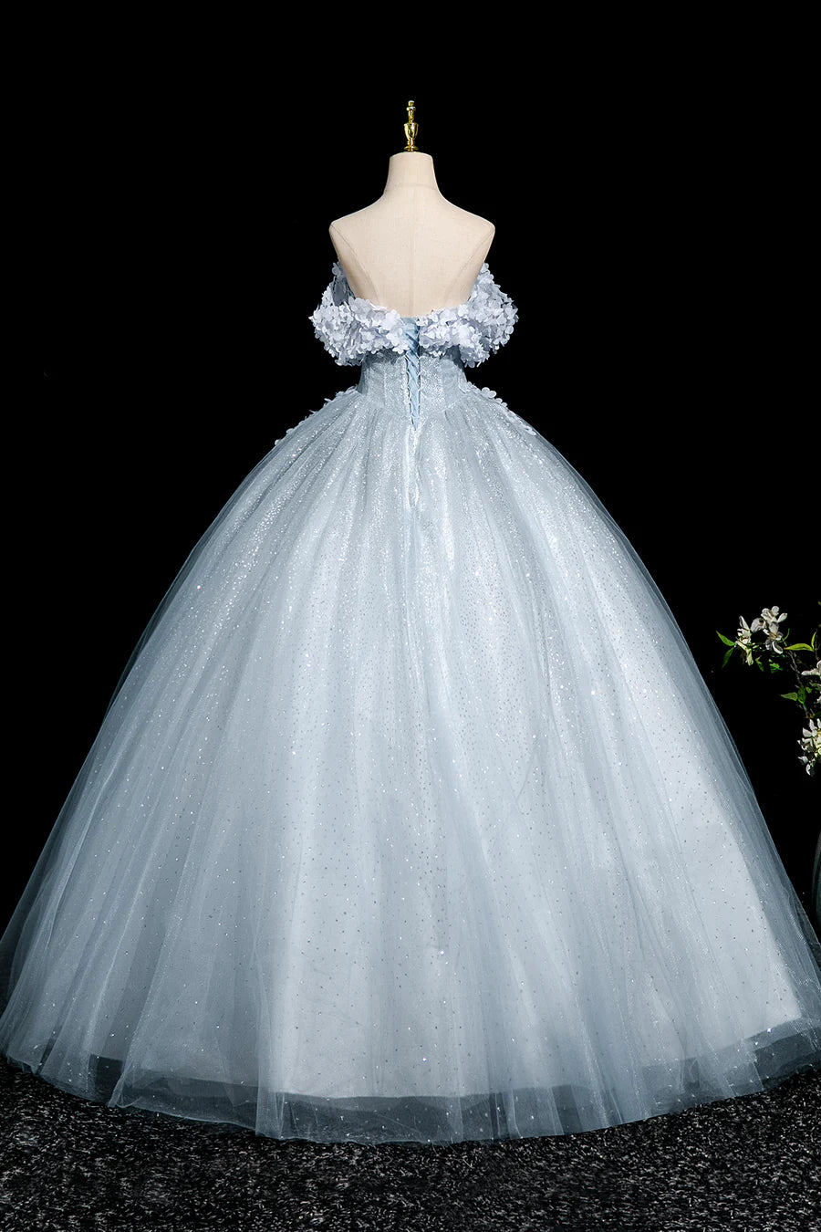 Beautiful Gray Blue Tulle Flowers Off the Shoulder A-Line Long Prom Dress Party Dress