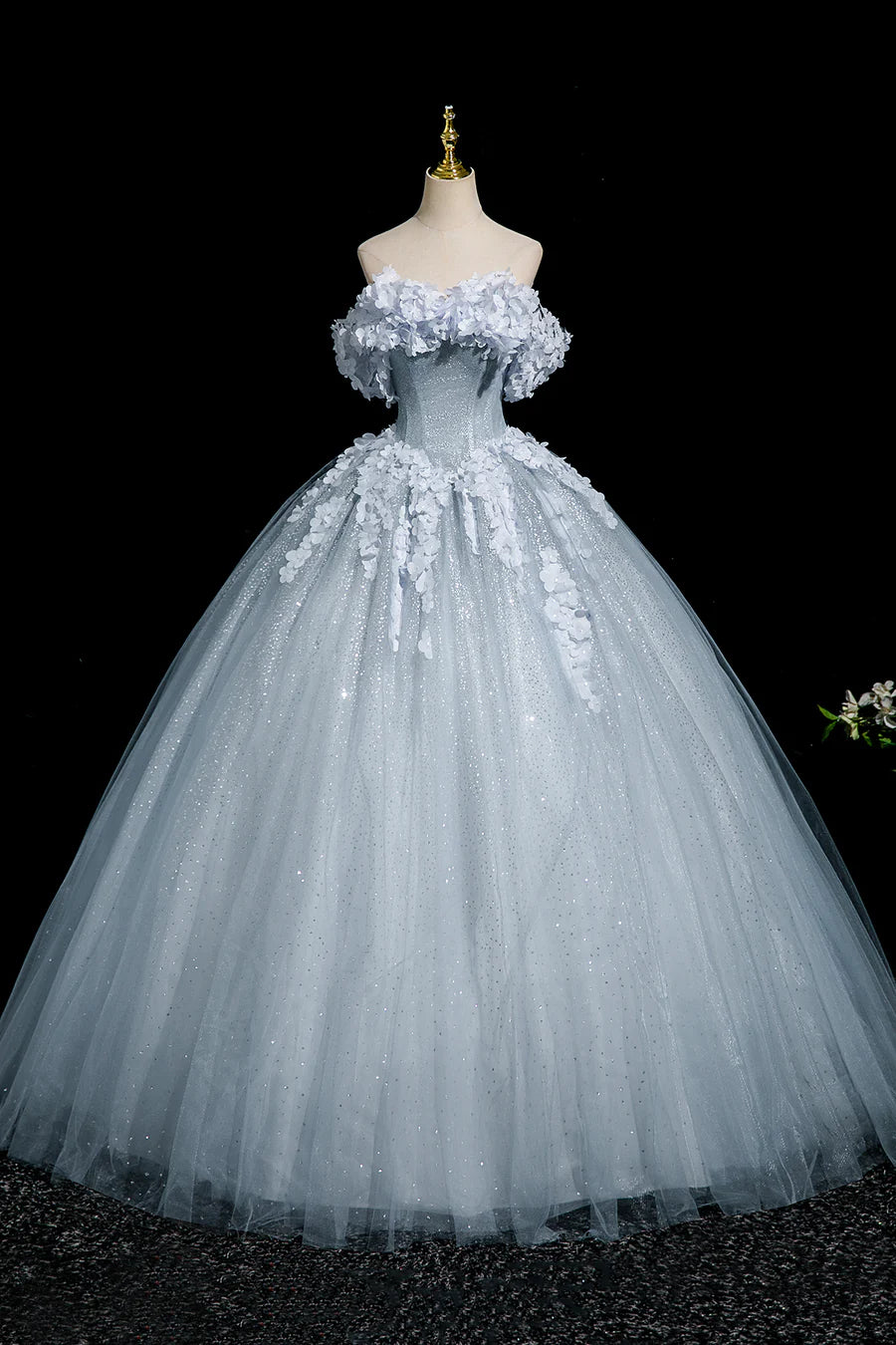 Beautiful Gray Blue Tulle Flowers Off the Shoulder A-Line Long Prom Dress Party Dress