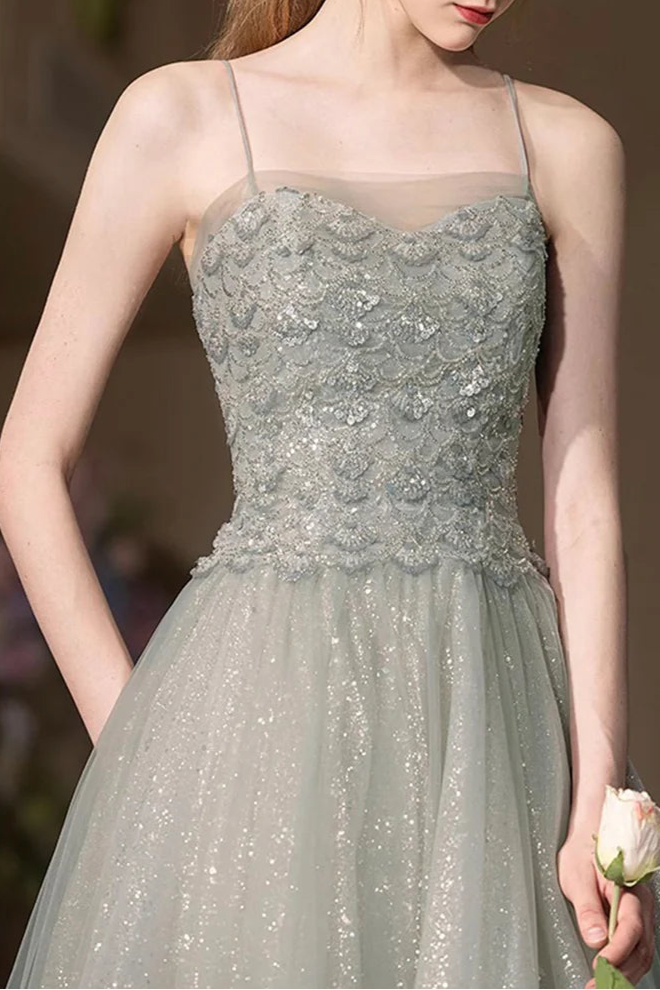 Beautiful Gray Green Tulle Sequins Spaghetti Straps Long Prom Dress A-Line Spaghetti Strap Party Dress