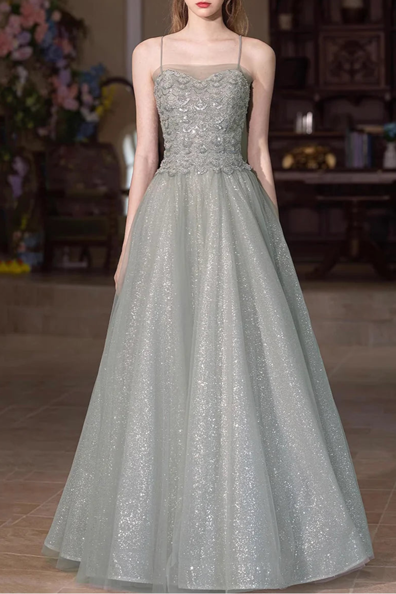 Beautiful Gray Green Tulle Sequins Spaghetti Straps Long Prom Dress A-Line Spaghetti Strap Party Dress