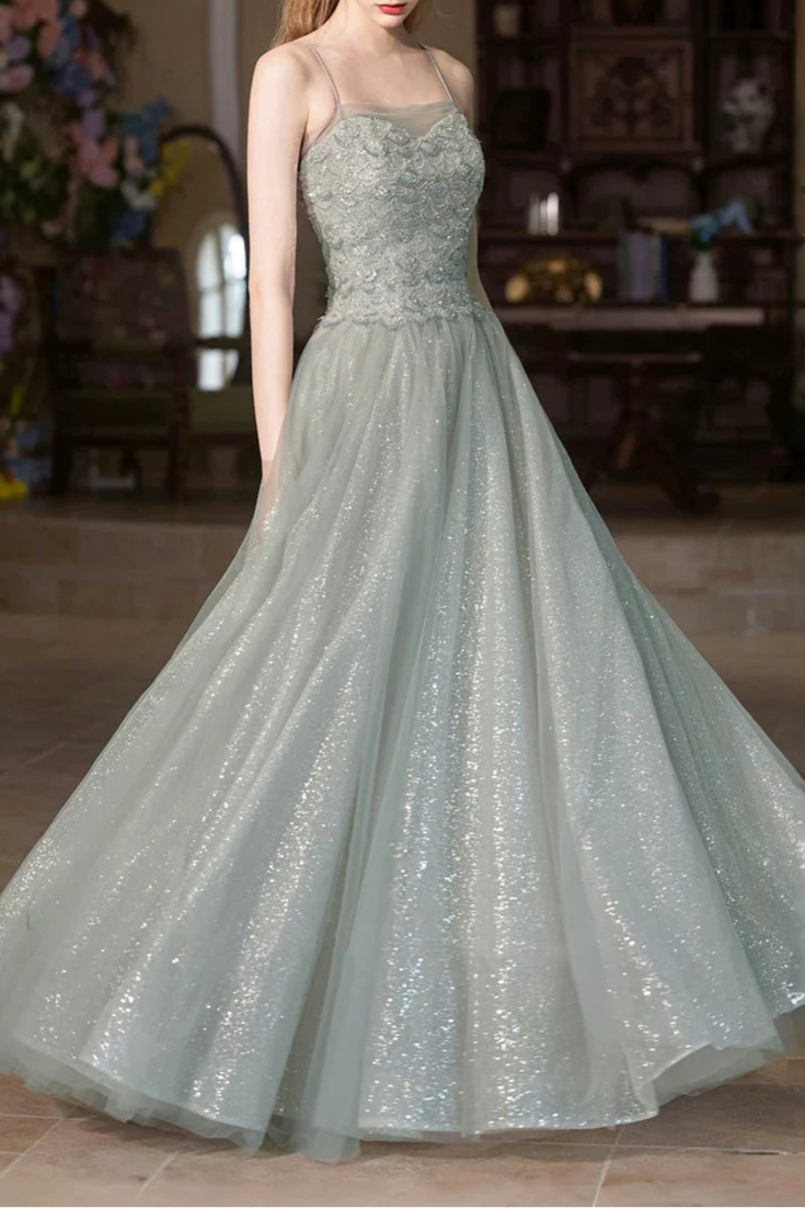 Beautiful Gray Green Tulle Sequins Spaghetti Straps Long Prom Dress A-Line Spaghetti Strap Party Dress