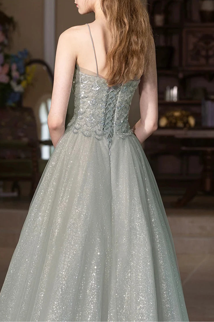 Beautiful Gray Green Tulle Sequins Spaghetti Straps Long Prom Dress A-Line Spaghetti Strap Party Dress